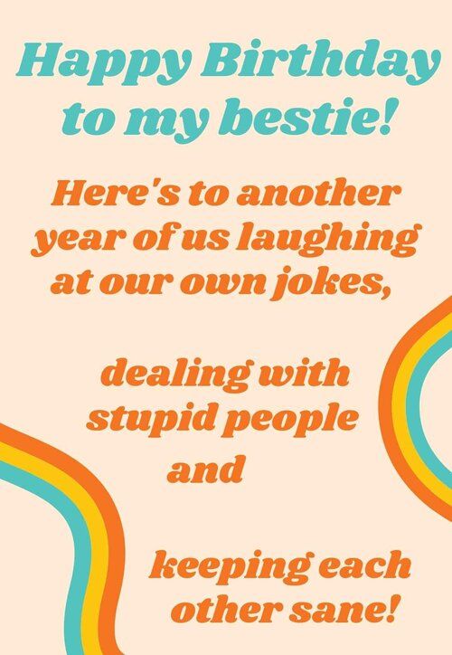 Retro Happy Birthday to my bestie card with rainbow arcs and chunky type