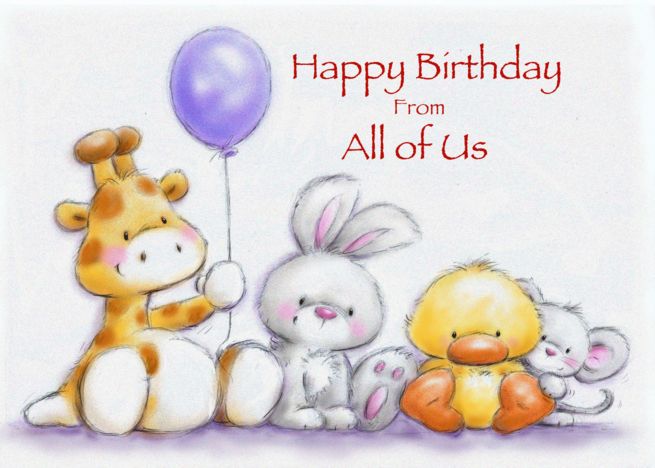 Happy Birthday From All of Us card with giraffe, bunny, duckling and mouse