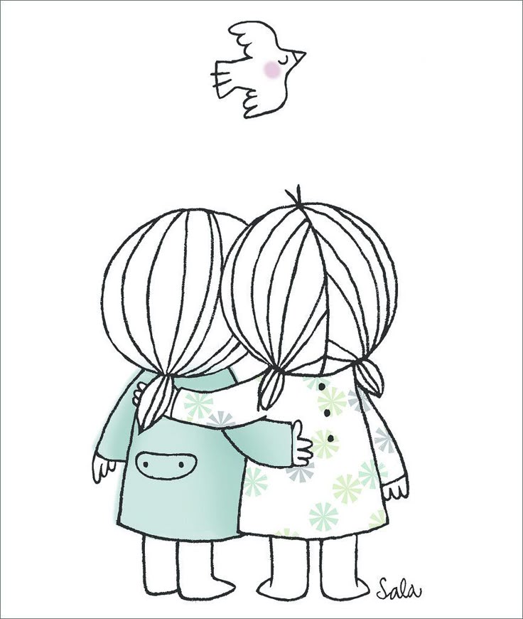 Minimal line illustration of two girls hugging seen from behind with a dove