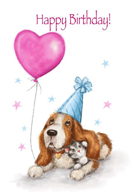 Basset hound in a party hat cuddling a kitten with a heart balloon