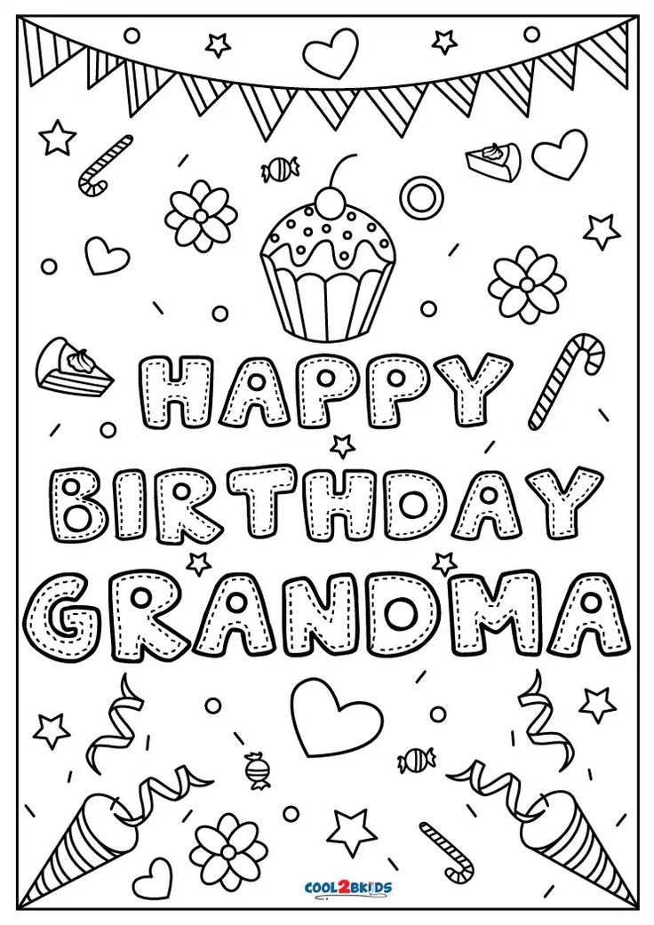 Happy Birthday Grandma coloring page with bubble letters, cupcake and bunting