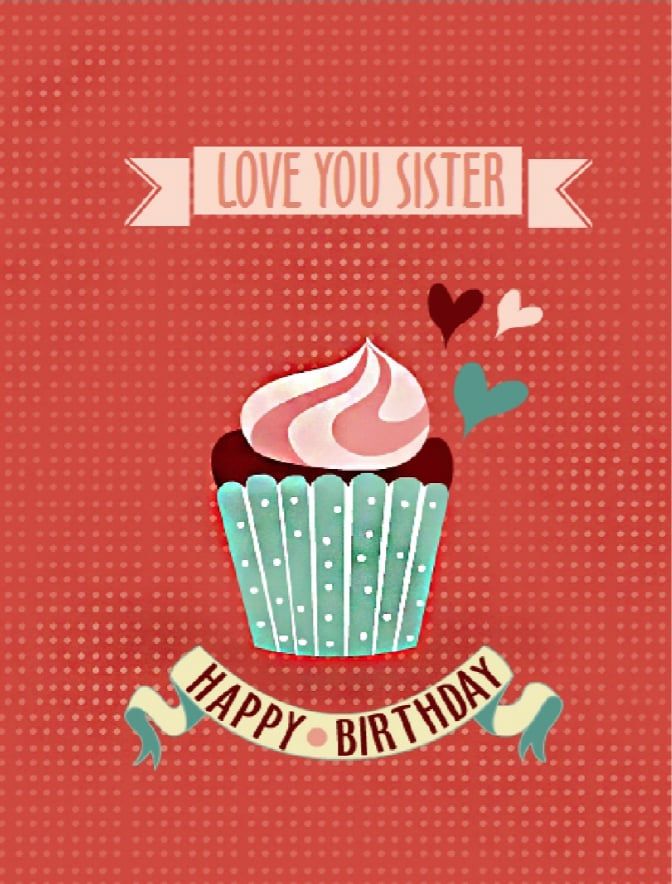 Love You Sister birthday card with a retro cupcake on red polka dots