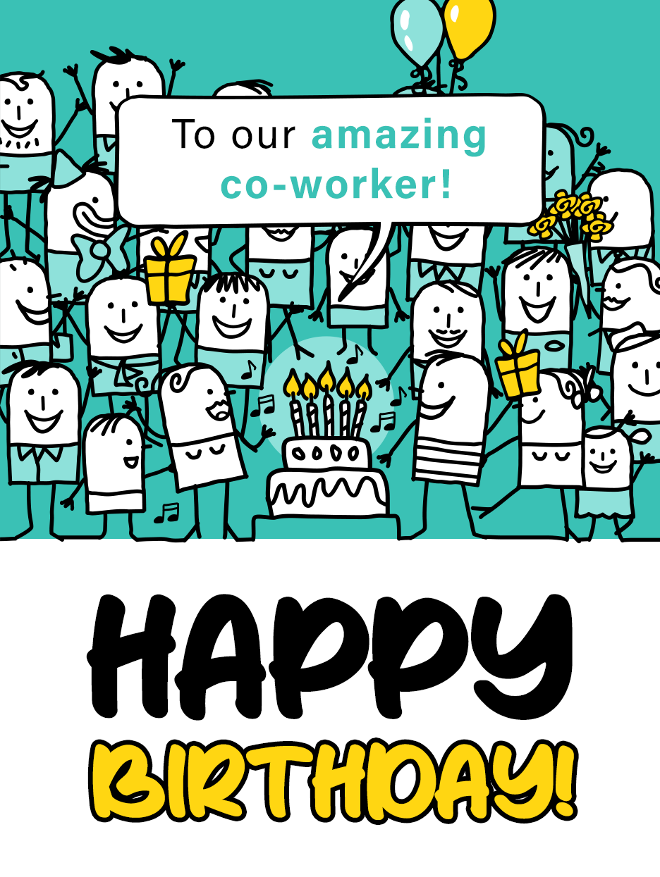 Doodle crowd of cartoon coworkers with balloons and cake on teal