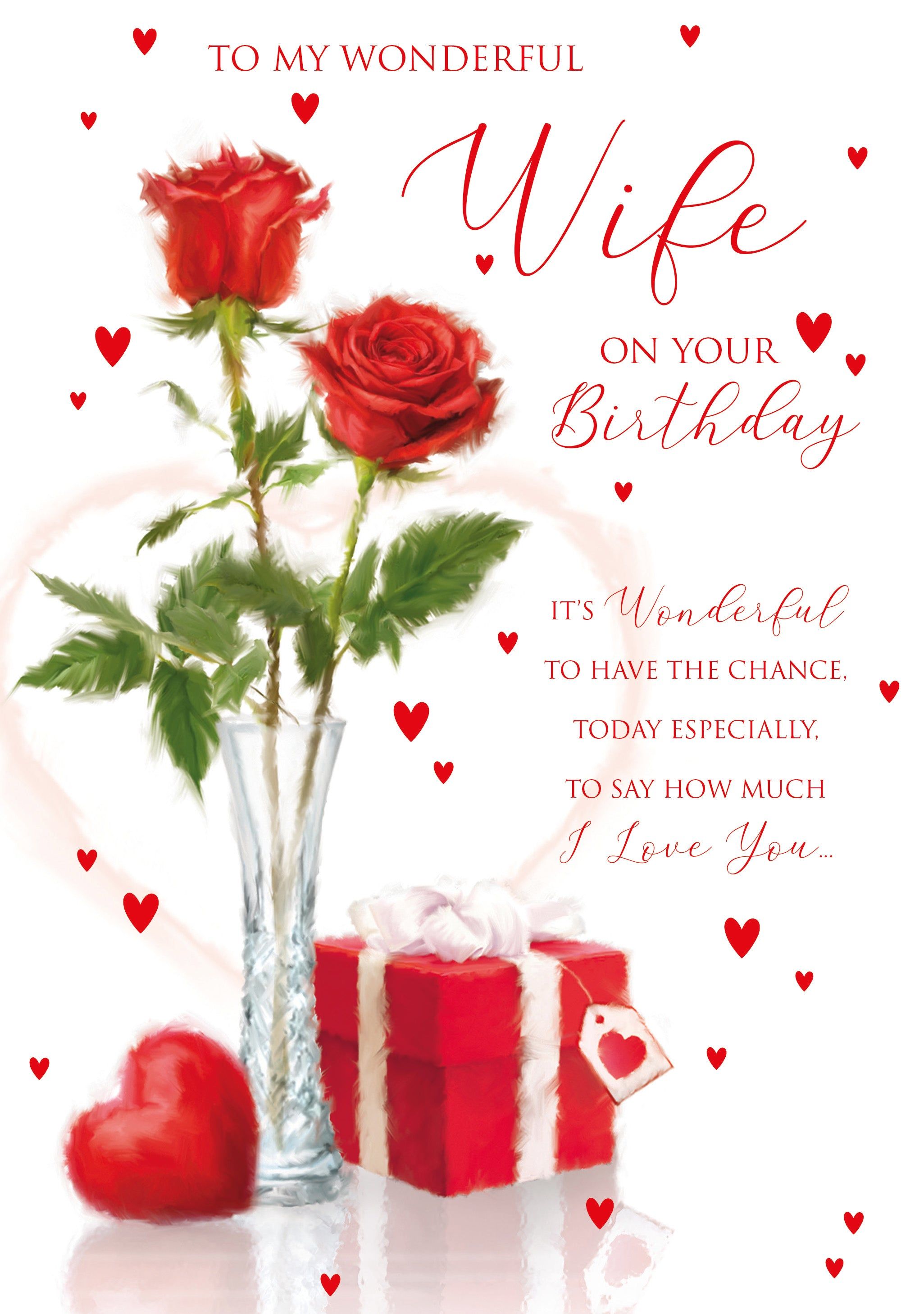 To My Wonderful Wife birthday card with red roses in a vase and a gift