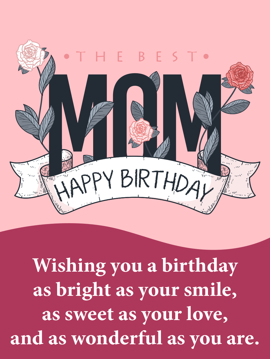 The Best Mom birthday card with pink roses woven through bold lettering