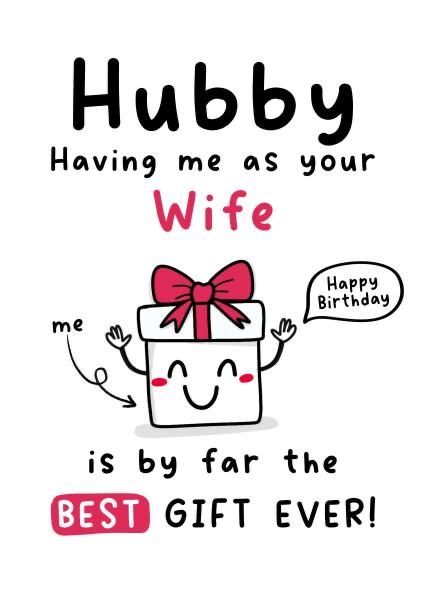 Funny husband birthday card with a smiling gift box character