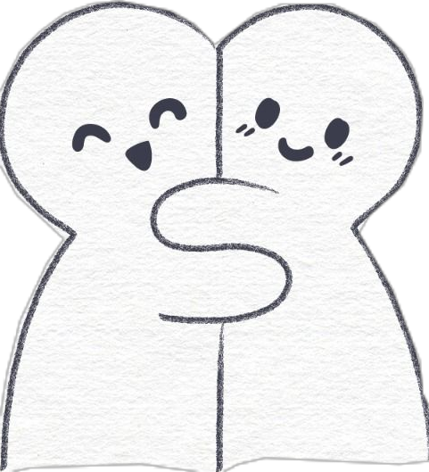 Minimal ink drawing of two round doodle characters hugging