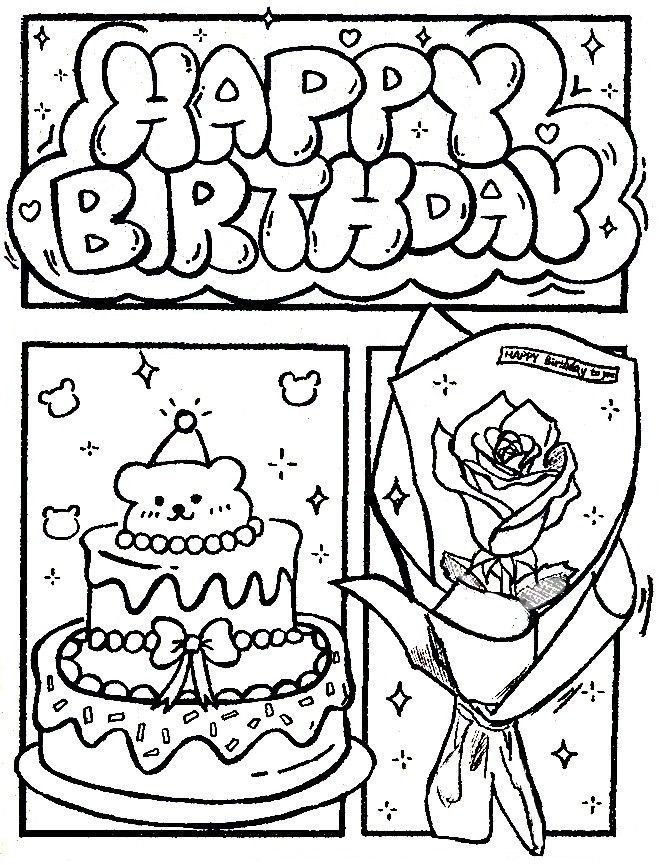 Happy Birthday coloring page with bubble letters, teddy bear cake and rose bouquet