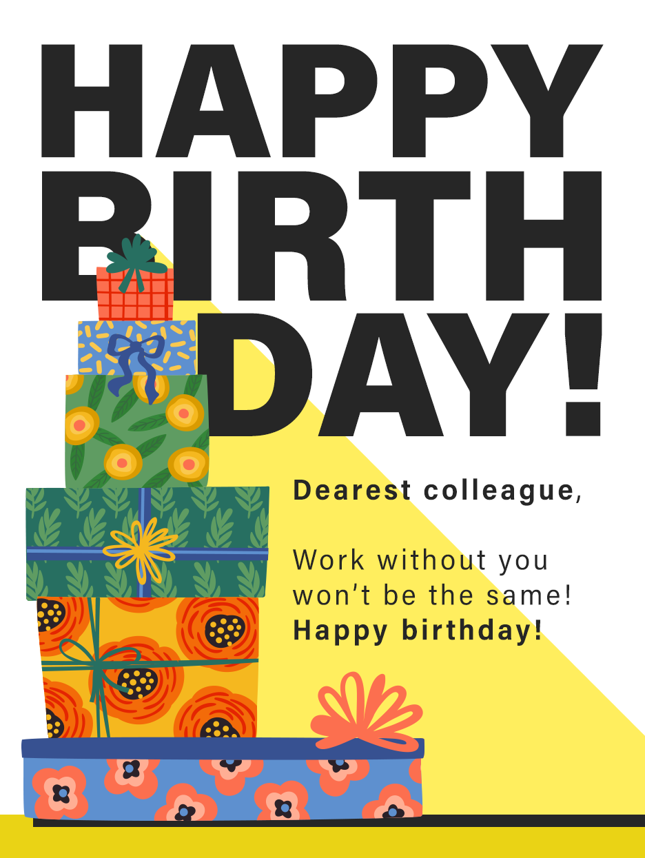 Happy Birthday card with a tall stack of patterned gift boxes on yellow