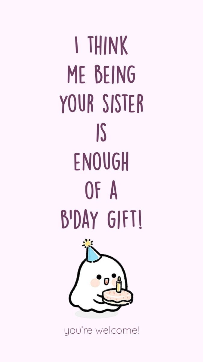 Funny sister birthday card with a cute ghost in a party hat holding a cake