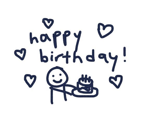 Playful navy doodle of a stick figure presenting a birthday cake with hearts