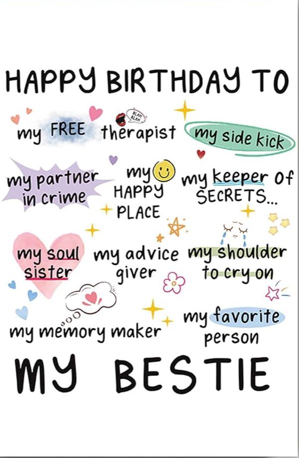 Happy Birthday word cloud card listing bestie nicknames in pastel highlights
