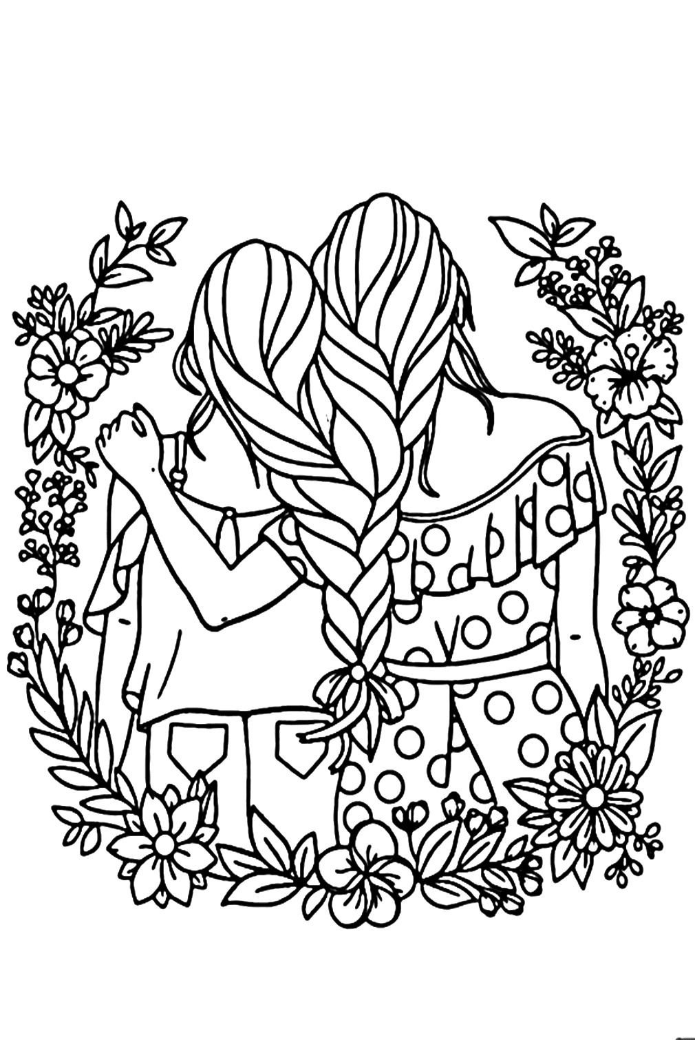 Coloring page of two sisters with hair joined in one braid framed by flowers