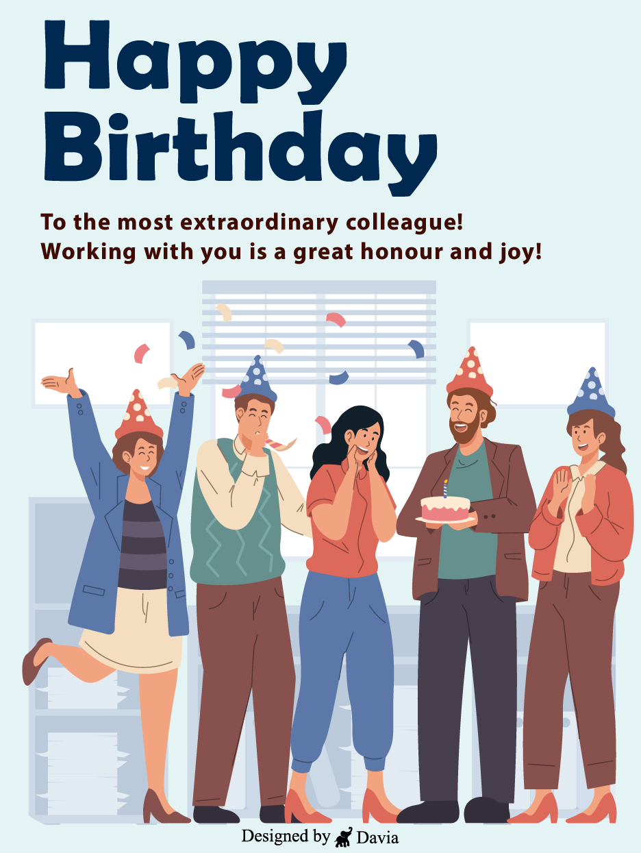 Office birthday party card with five coworkers in party hats and a cake