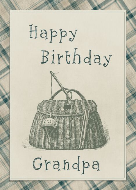 Happy Birthday Grandpa card with vintage fishing creel etching on green plaid