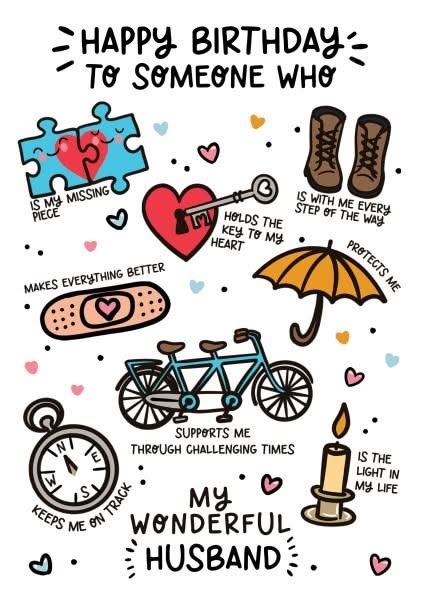 My Wonderful Husband card with doodles of a puzzle piece, key and tandem bike