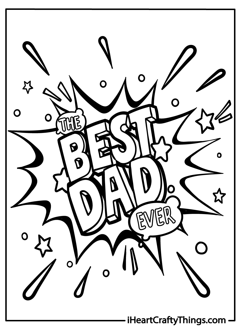 The Best Dad Ever coloring page with comic burst, stars and dots in black and white