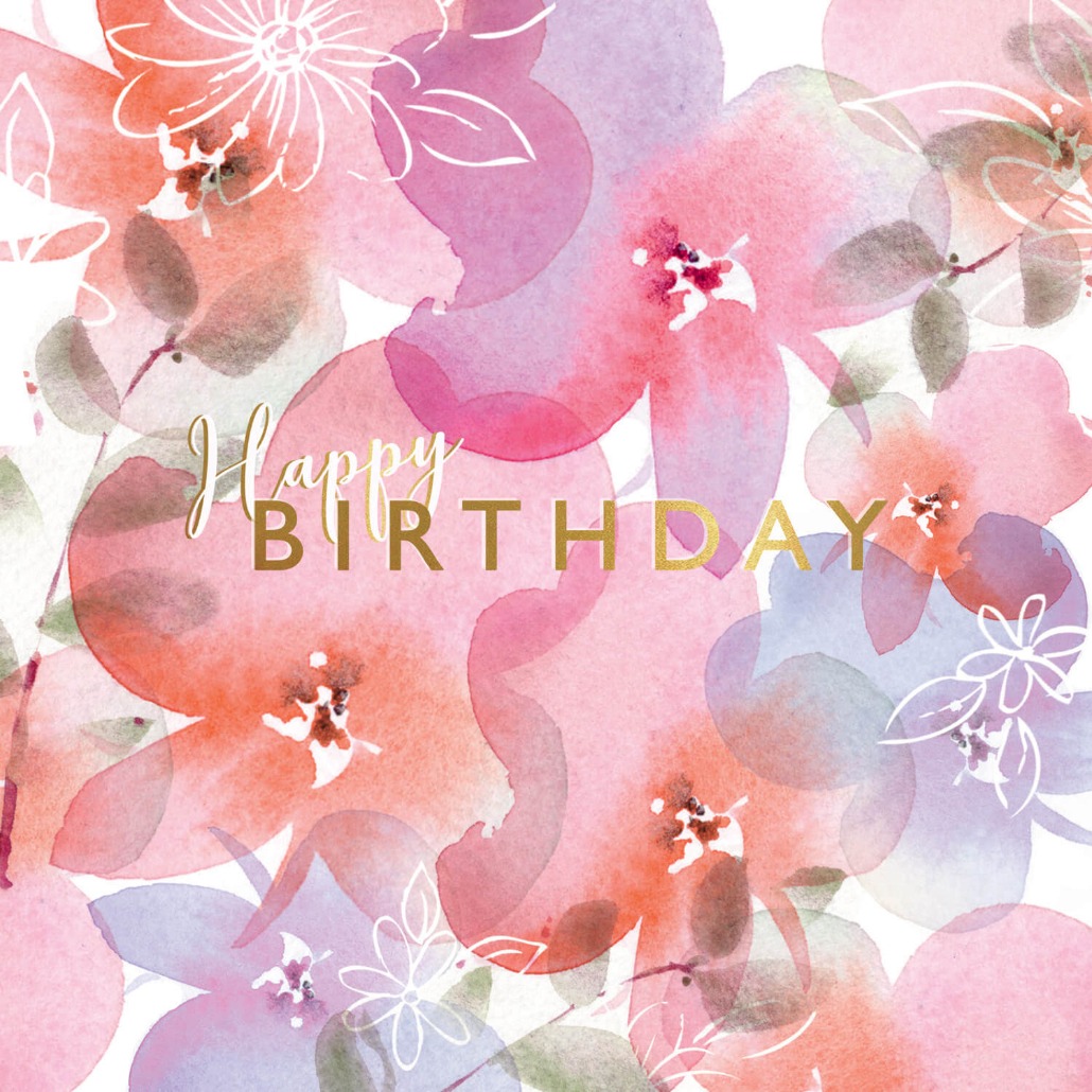 Watercolor birthday card with soft pink and lavender posies and gold lettering
