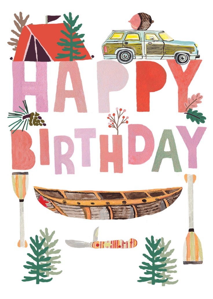 Outdoorsman birthday card with canoe, tent, pocket knife and station wagon