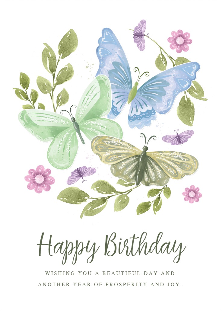 Pastel watercolor butterflies birthday card with leaves and pink flowers