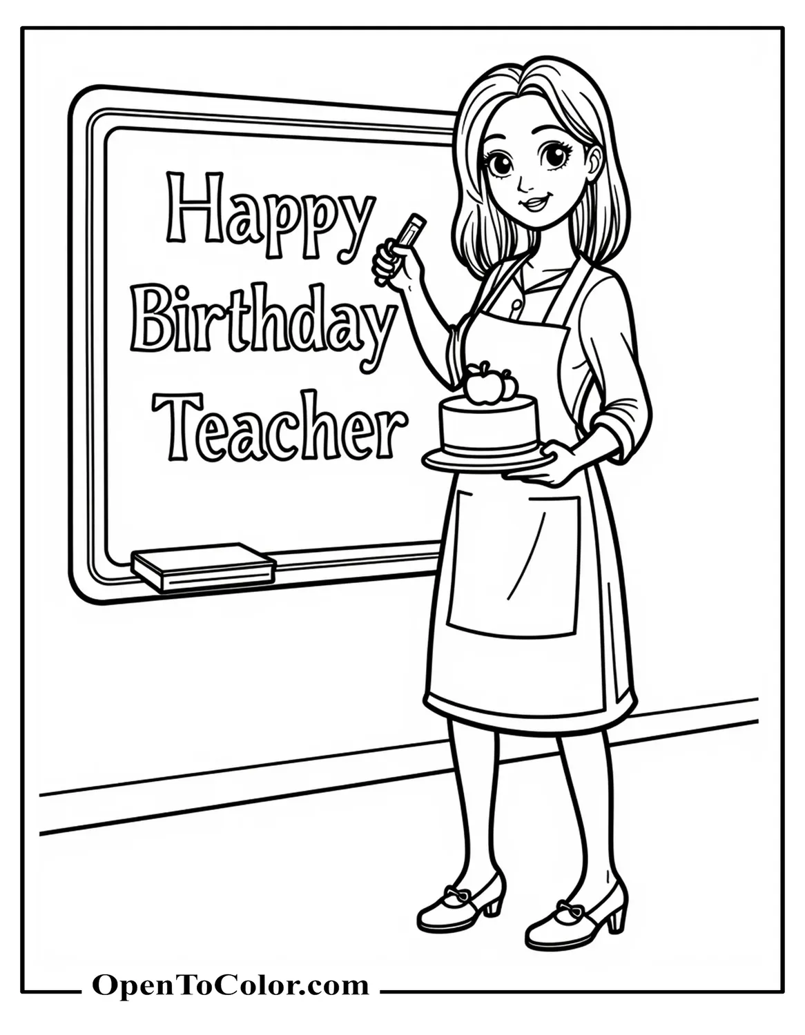 Coloring page of a teacher holding a birthday cake beside a whiteboard