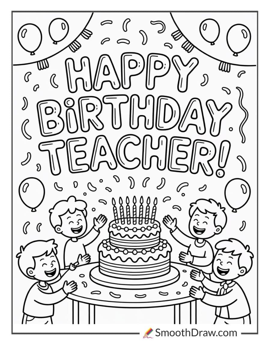 Coloring page of four happy kids around a birthday cake with balloons